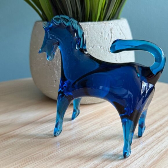 Vintage MCM Rainbow Art Glass Cobalt Blue Hand Blown Horse Figurine 1950's - Picture 2 of 10
